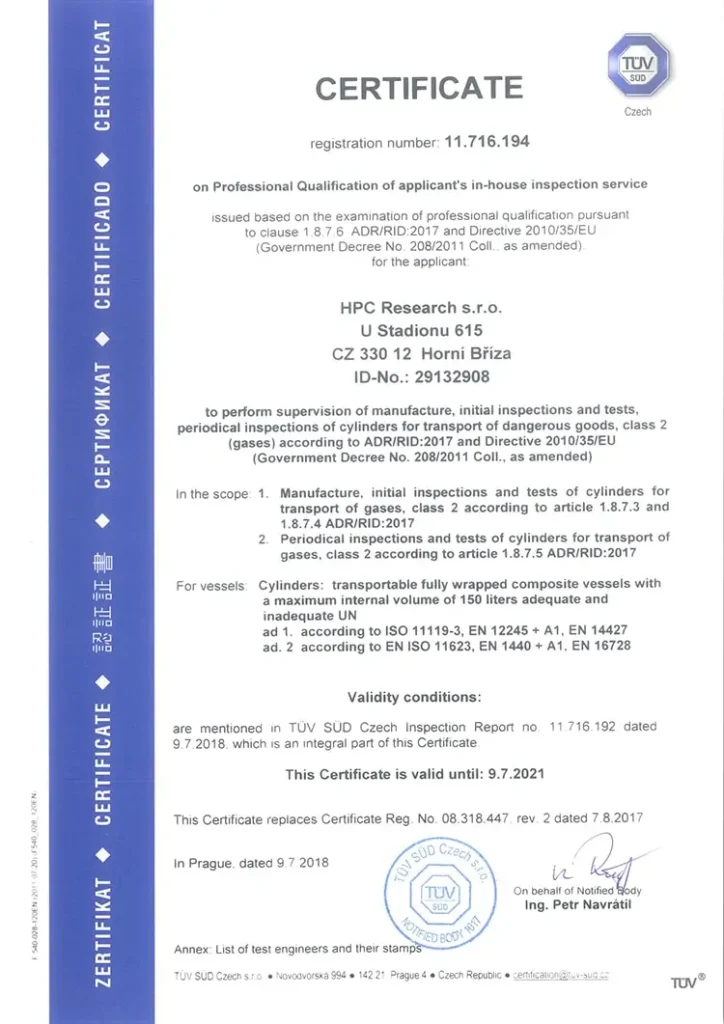 Сертификат квалификации службы контроля качества HPC Research для испытаний композитных баллонов